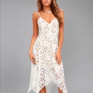 The Lulus One Wish White Lace Midi Dress